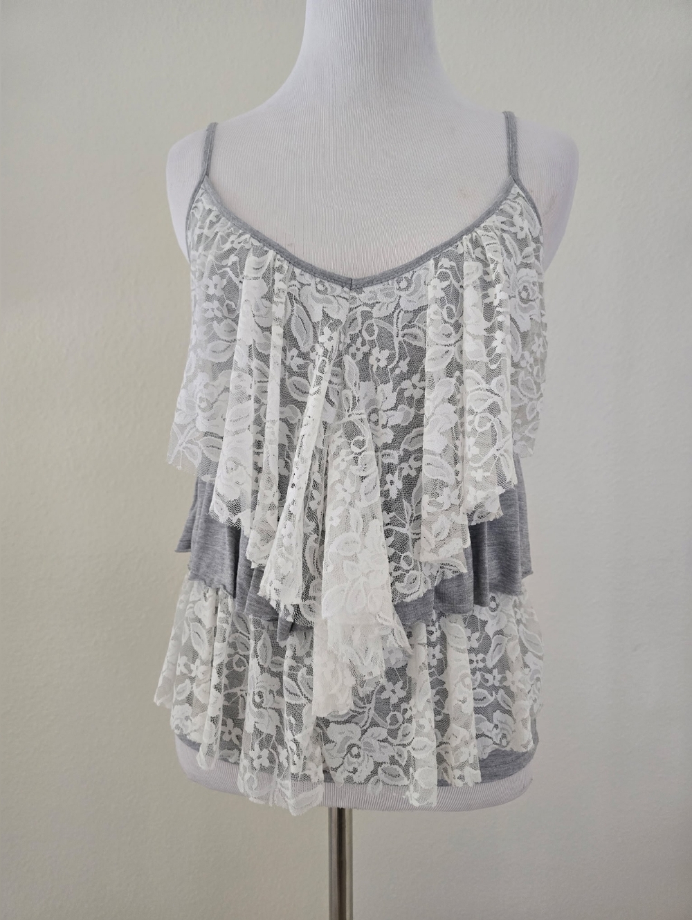 One Clothing Gray Lace Ruffle Cami Top